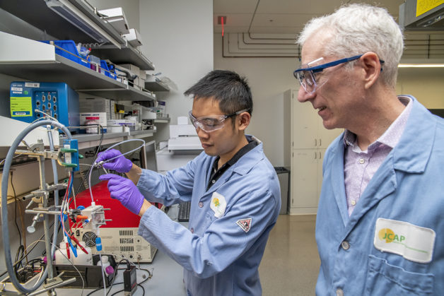 Yanwei Lum studying mechanism of converting carbon dioxide to chemicals, a process which could mitigate rising CO2 levels in the Earth's atmosphere with Joel Ager at Lawrence Berkeley National Laboratory on Monday, June 4, 2018 in Berkeley, Calif. 06/04/18